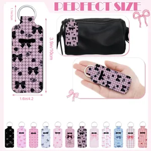 Neoprene Lipstick Holder Keychain For Women Girl Bow Floral Print Lip Balm Protective Cover Bag Charm Car Key Ring Gift