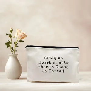 Trousse de maquillage en toile avec citation amusante pour le rangement quotidien.
