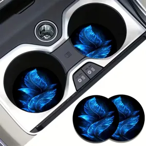 Blue feather print car cup coasters set, non-slip anti-dust auto interior accessories.