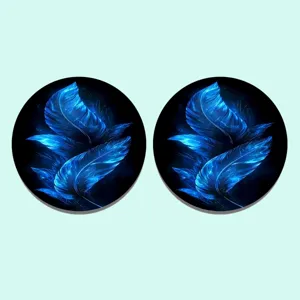 Close-up of round car anti-dust coasters with blue feather star print, 2pcs set.
