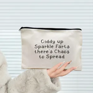 Trousse de maquillage en toile avec fermeture eclair et impression de texte pour voyages.