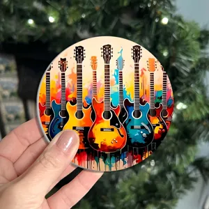 Colorful electric guitar art car coaster, absorbent ceramic cup holder insert for auto.