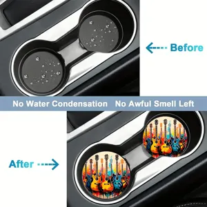 Detailed view of colorful guitar print car cup coaster showing waterproof and anti-slip feature.