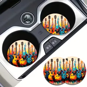 Colorful abstract guitar print car cup holder coasters, anti-slip silicone auto coasters.