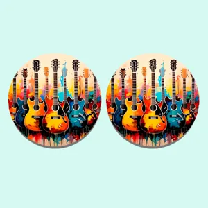 Close-up detail of colorful abstract guitar pattern on round car coasters, clean design display.