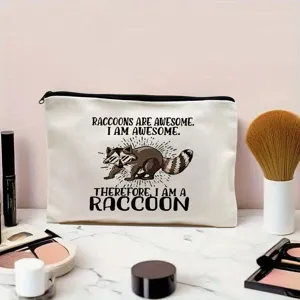 Trousse de maquillage en toile avec motif raton laveur, pochette de voyage zippée pratique.