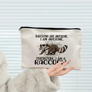 Trousse de maquillage en toile avec motif raton laveur, idéale pour les voyages.