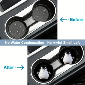 Anti-slip car cup holder coasters with cute 3D penguin print, waterproof dustproof mats.