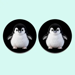Cute 3D baby penguin print car coaster detail, stylish round anti-dust cup mat accessory.