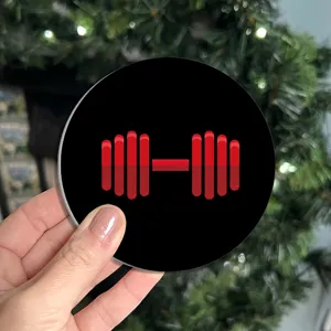 Round car cup coaster with red dumbbell fitness pattern, non-slip absorbent car mat.