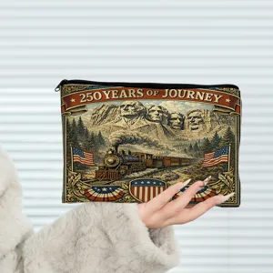 Vintage patriotic cosmetic bag with Mount Rushmore and train print, cotton canvas pouch.