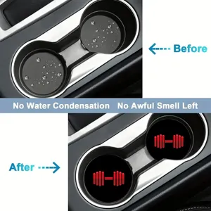 Detailed view of black car cup holder coasters with red icon, showing absorption and dry effect.