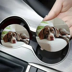 Silicone car coaster with cute brown dog print, anti-slip auto cup holder insert mat.