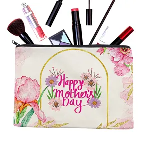 Cotton canvas makeup bag with watercolor floral Mother's Day print for women storage.