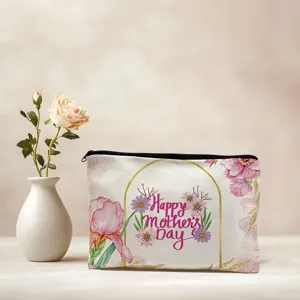 Floral cosmetic bag with watercolor flowers and Happy Mother's Day print, ideal travel makeup pouch.