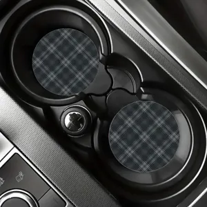 Anti-vibration black grey plaid car cup holder coasters, stylish vehicle interior accessories.