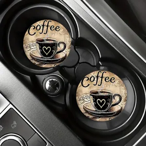 Anti-slip car cup coasters with vintage coffee cup design, ideal for auto interior decor.
