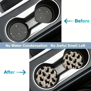 Silicone car cup holder coasters with cute black cat pattern, anti-slip and absorbent.