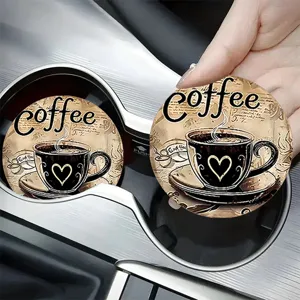 Car cup holder coaster detail showing vintage coffee cup design and non slip surface.