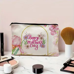 Detailed view of the floral canvas makeup pouch with Mother's Day greeting design.