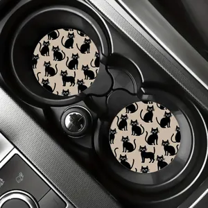 Cute black cat pattern silicone car cup coasters set, non-slip drink placemat for auto interior.