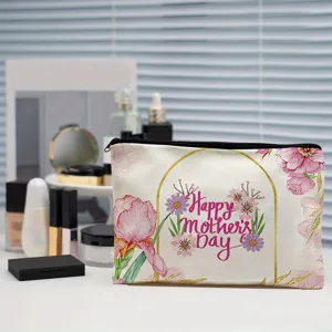 Detailed view of canvas cosmetic bag with floral Mother's Day print and smooth zipper closure.
