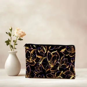 Canvas zipper cosmetic bag with elegant gold glitter floral pattern for daily storage.