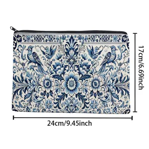 Canvas pencil case with blue floral pattern, zipper makeup storage bag, stylish 24x17cm desk organizer.