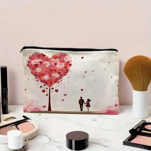 Trousse de maquillage en polyester imprimée recto-verso avec arbre de cœur romantique.