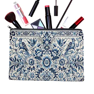 Blue and white porcelain floral canvas pencil case and cute makeup storage bag for daily use.