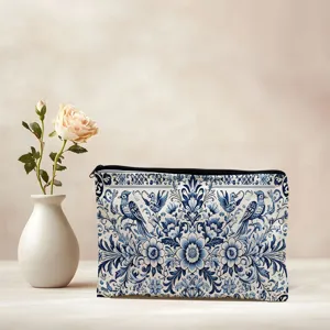 Elegant canvas pencil case storage bag with classic blue and white floral bird pattern design.