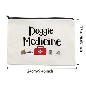 Canvas zipper bag detail showing size and print for cosmetics, stationery and daily storage use.