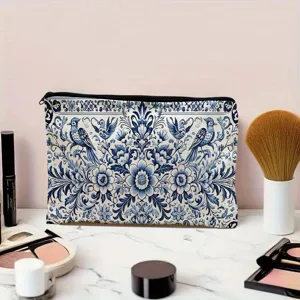 Blue and white porcelain style pattern canvas cosmetic bag and pencil pouch detail view.
