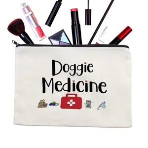 Canvas cosmetic bag with cute doggie medicine print, durable zipper pouch for daily makeup and travel.