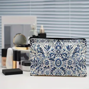 Blue and white floral bird canvas cosmetic bag versatile travel zipper storage pouch