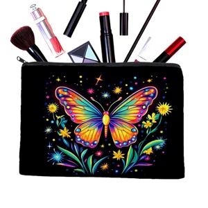 Trousse de maquillage noire avec imprimé papillon floral coloré, pochette zippée voyage.