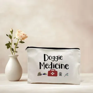White canvas zipper pouch cosmetic bag with cute doggie medicine print for daily use.