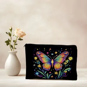 Trousse de toilette noire avec imprimé papillon coloré, fermeture éclair, voyage.