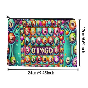 Canvas pencil pouch with colorful bingo balls pattern, durable stationery storage bag 24x17cm.