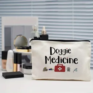 White canvas cosmetic zipper bag with cute pet medicine print for daily storage and travel.