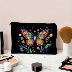 Vue détaillée de la trousse de maquillage noire avec imprimé papillon et accessoires.