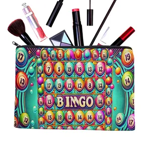 Canvas pencil case detail view showing colorful bingo pattern and storage capacity inside.