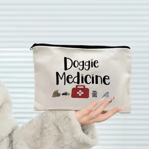 Portable Canvas Zipper Makeup Bag Printed Dog Mom Doggie Medicine Pattern Cosmetic Pouch Travel Toiletry Organizer Pencil Case For Women