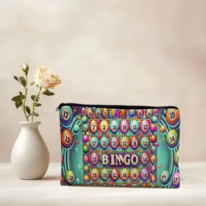 Colorful canvas bingo pattern zipper pencil case and multipurpose storage bag detail view