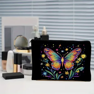 Trousse de maquillage en polyester noir avec imprimé papillon néon coloré pour voyages.