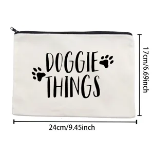 Canvas zipper cosmetic bag pencil pouch with cute doggie things print and size specs.