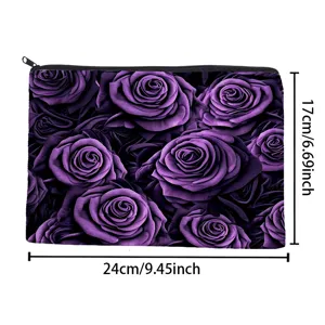 Vue détaillée de la trousse de maquillage roses violettes avec dimensions et grand espace.