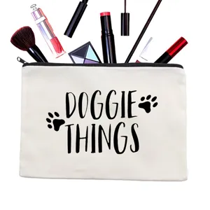 Canvas zipper cosmetic bag with cute dog theme print, durable makeup pouch and pencil case.