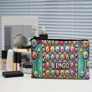 Colorful canvas pencil case with bingo game pattern, multi-purpose zipper storage bag for daily use.