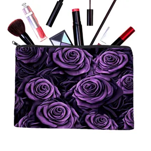 Trousse de maquillage imprimée roses violettes, pochette de voyage en polyester grand format.